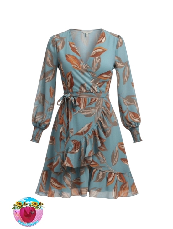 Onetheland Dresses & Skirts - Blue Floral Wrap Dress -Teal Blue- with Tie Waist- Size Small & Medium- NWT